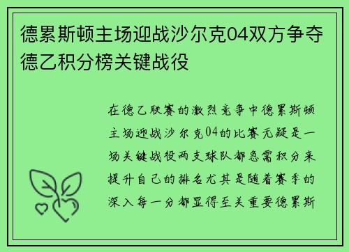 德累斯顿主场迎战沙尔克04双方争夺德乙积分榜关键战役
