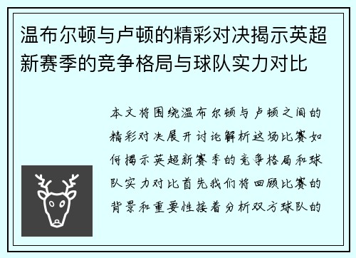 温布尔顿与卢顿的精彩对决揭示英超新赛季的竞争格局与球队实力对比