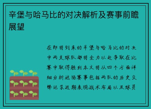 辛堡与哈马比的对决解析及赛事前瞻展望
